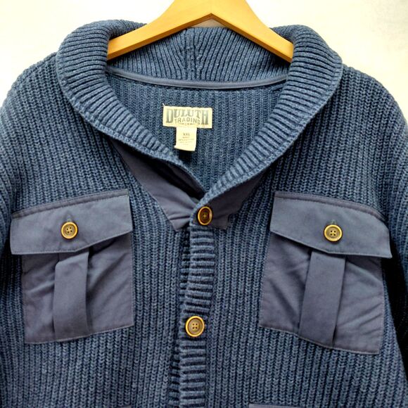 Duluth Trading Military Sweater Men 2XL Blue Wool Blend Heavyweight Shawl Collar - Picture 3 of 13